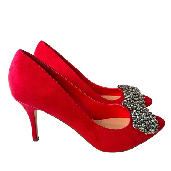 JustFab | Red Embellished Silver Bow Heels Size 11 NWOT - Picture 2 of 11